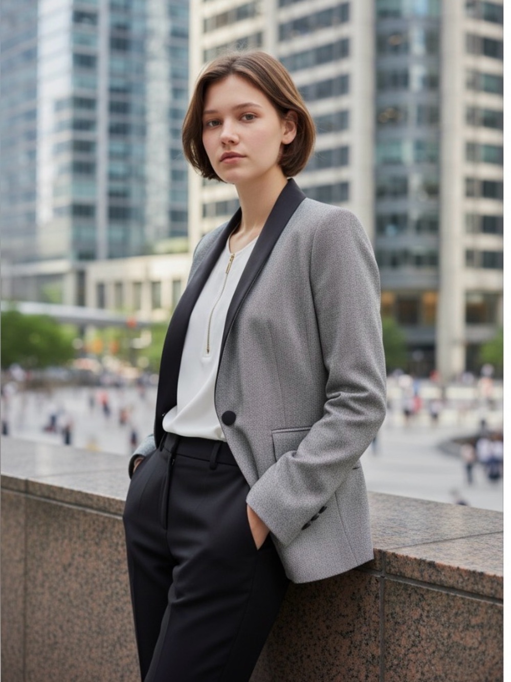 Melanie Lyne Tailored Grey Blazer with Black Trim in Size 4